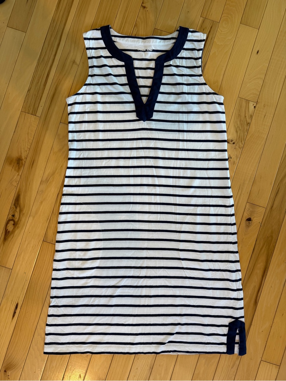 Lands' End Sleeveless Navy and White Striped Midi Dress